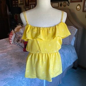 Anlo Yellow & White Dot, Spaghetti Strap Silk Top
